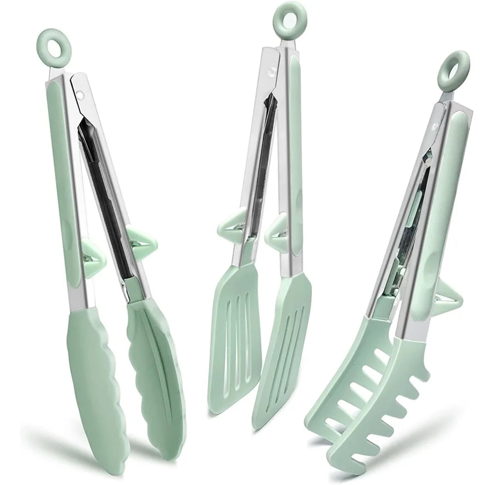 Mintgroene DH Food Tongs set van drie, siliconen met RVS-handvatten. Multifunctioneel, hittebestendig en ideaal voor serveren & koken.