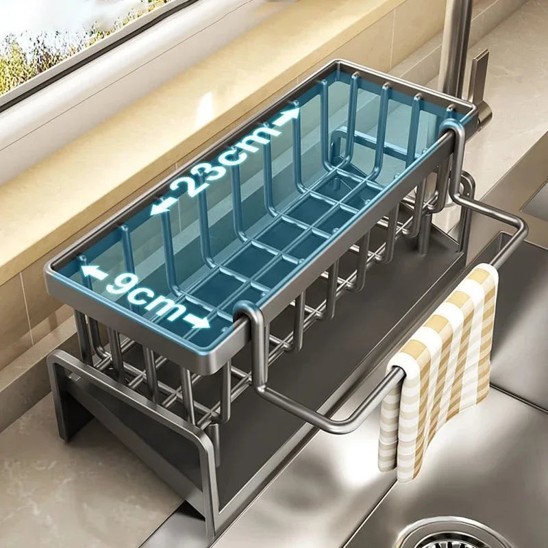 DH sink caddy met meerdere vakken en handdoekrek – optimale opbergruimte voor kleine keukens of drukke aanrechten.