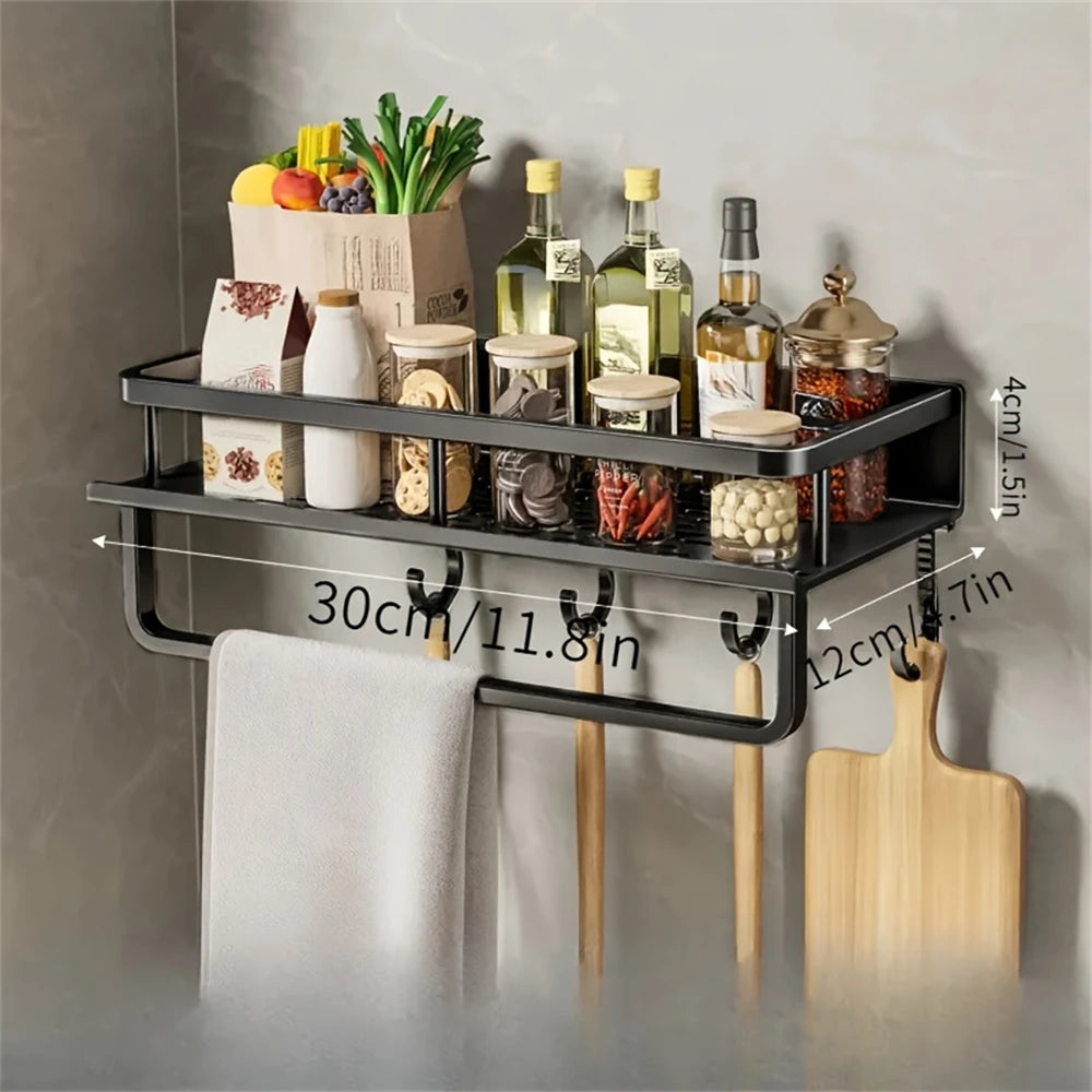 Zwart DH Multi-Functional Storage Rack 30×12×4 cm met haken en handdoekhouder. Ideaal voor flessen, potten, keukengerei en snijplanken. Compact & modern.
