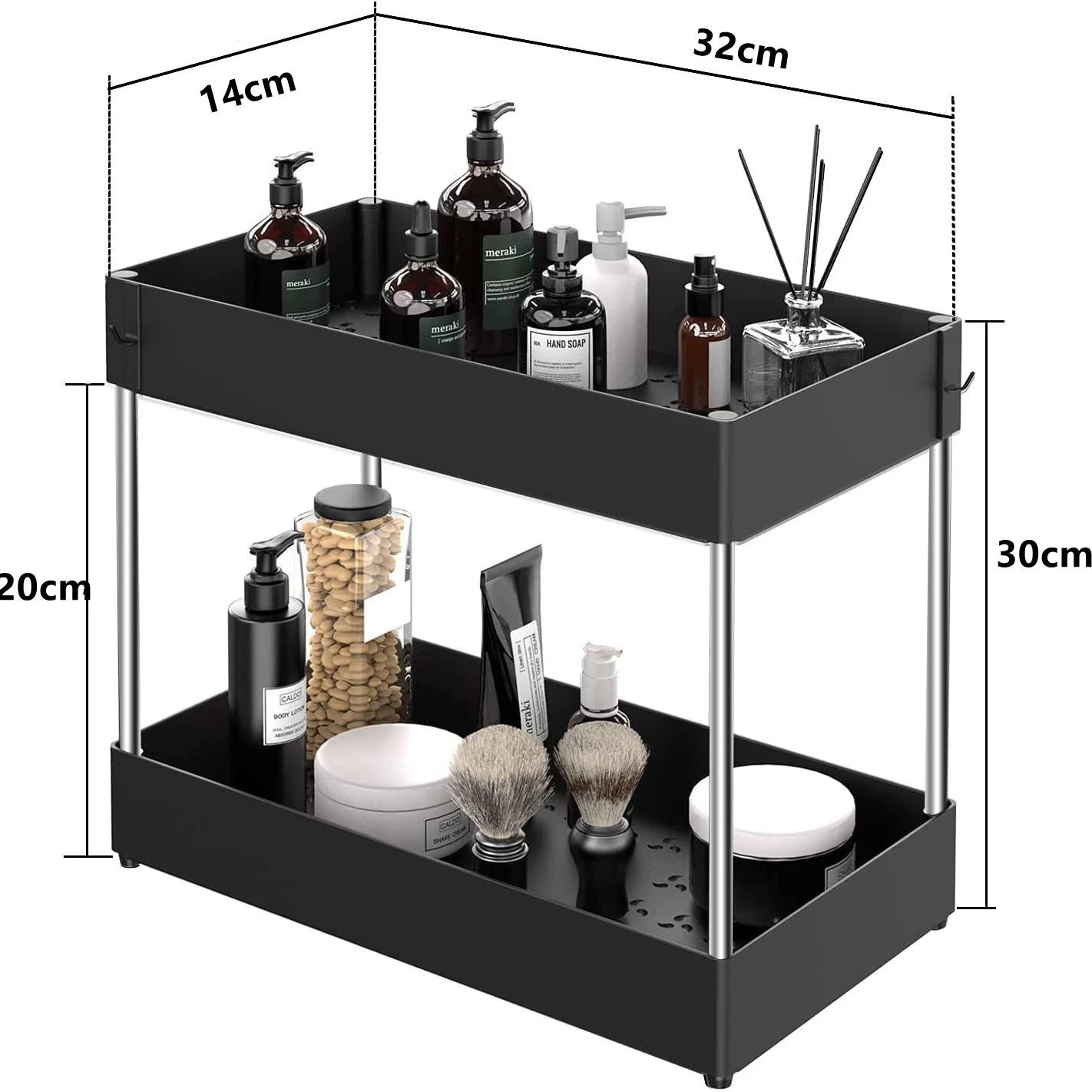 Zwart tweelaags badkamerrek met metalen frame, voorzien van afmetingen (32 cm lengte, 14 cm breedte, 30 cm hoogte), gevuld met verzorgingsproducten zoals zeepdispensers, scheerkwasten en cosmetica, weergegeven op een witte achtergrond. Ideaal voor het stijlvol organiseren van badkamerbenodigdheden.