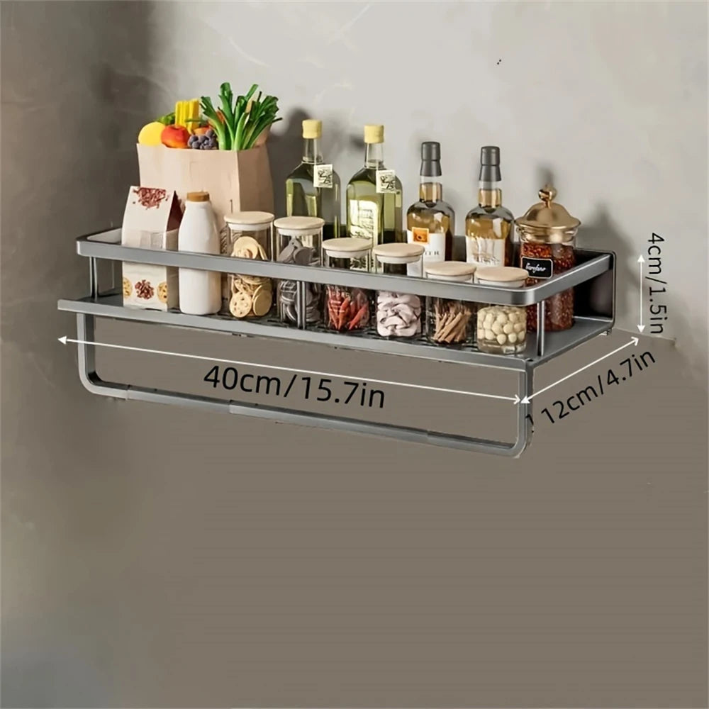 Wandgemonteerd DH Multi-Functional Storage Rack 40×12×4 cm met handdoekhouder. Ideaal voor flessen, kruidenpotjes en keukenvoorraad. Ruimtebesparend!
