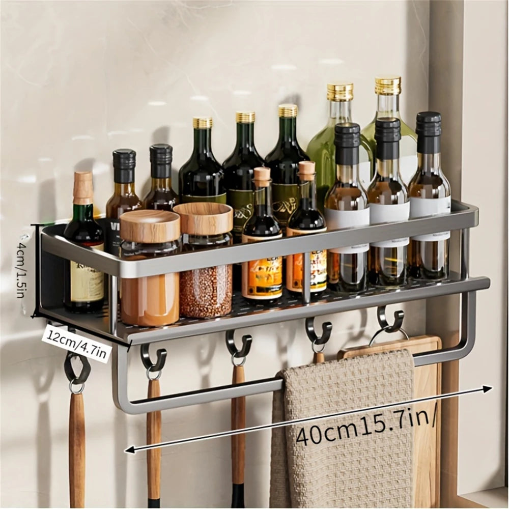 DH Multi-Functional Storage Rack 40×12×4 cm met haken en handdoekstang. Perfect voor flessen, kruidenpotten en keukengerei. Stijlvol & functioneel.