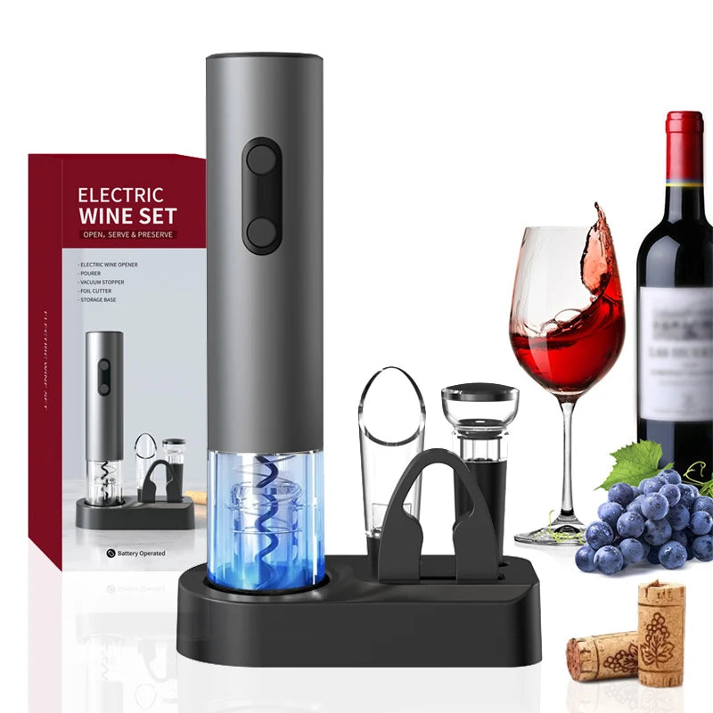 Elektrische wijnopener set met stijlvolle led-verlichting, vacuüm wijnstop, schenktuit en foliesnijder, inclusief stijlvolle opbergstandaard – perfect cadeau voor wijnliefhebbers.