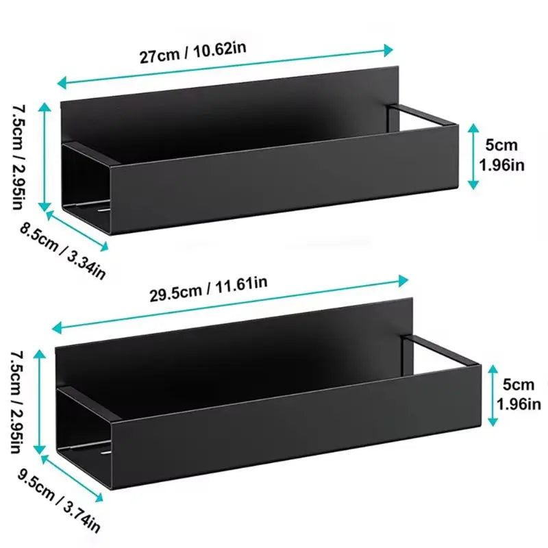 Afmetingen DH Magnetic Fridge Shelf in twee formaten: 27x8.5x7.5 cm en 29.5x9.5x7.5 cm – magnetisch rek voor koelkast of metalen wand
