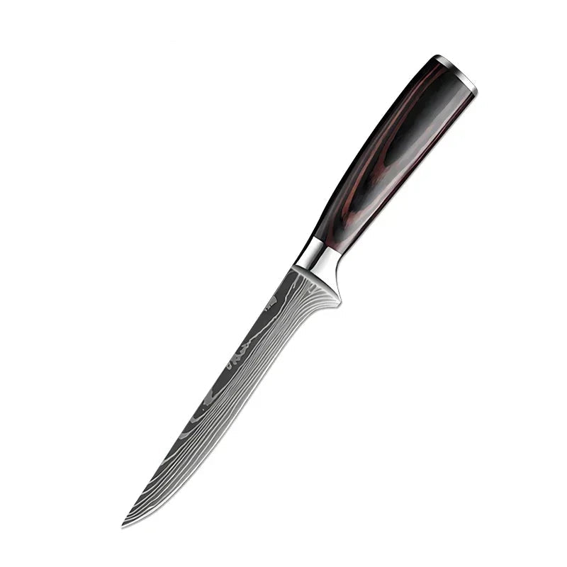 "6 inch Damascus uitbeenmes met gebogen lemmet en ergonomisch houten handvat op witte achtergrond