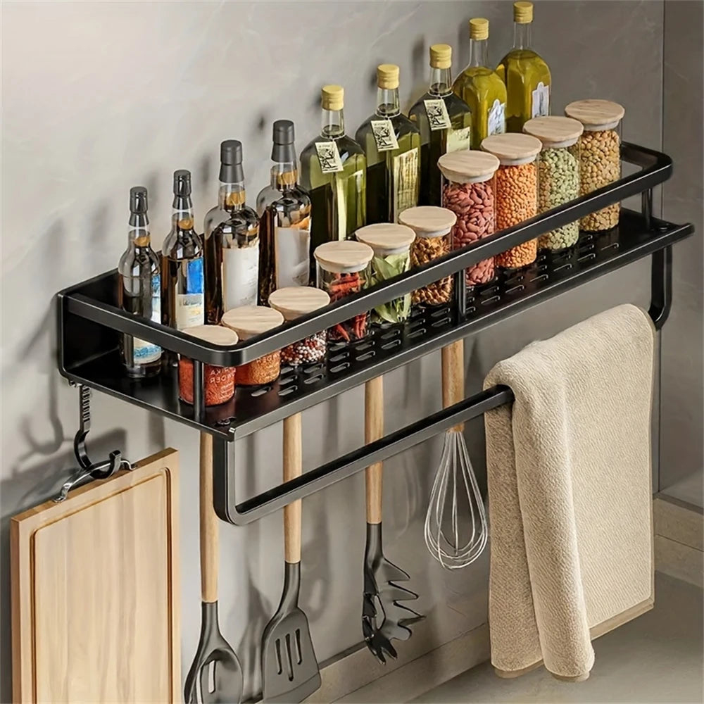 DH Multi-Functional Storage Rack met kruidenpotjes, flessen en keukengerei. Ruimtebesparend wandrek voor een georganiseerde en stijlvolle keuken.
