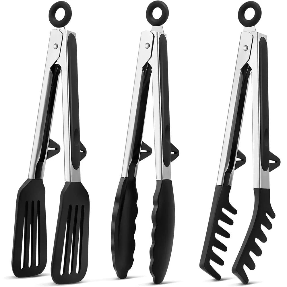 Set van drie zwarte DH Food Tongs, roestvrij staal met siliconen grip, ideaal voor koken, grillen en serveren. Duurzaam & hittebestendig.
