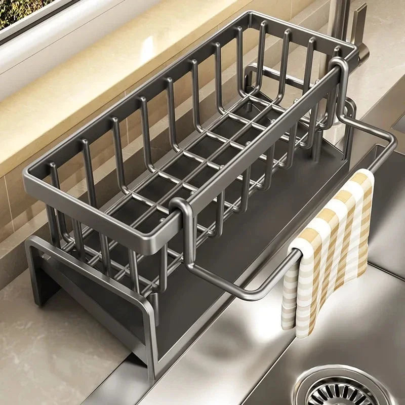 Spoelbak organizer met rek voor spons, afwasmiddel en doek – houdt je aanrecht schoon, droog en geordend.
