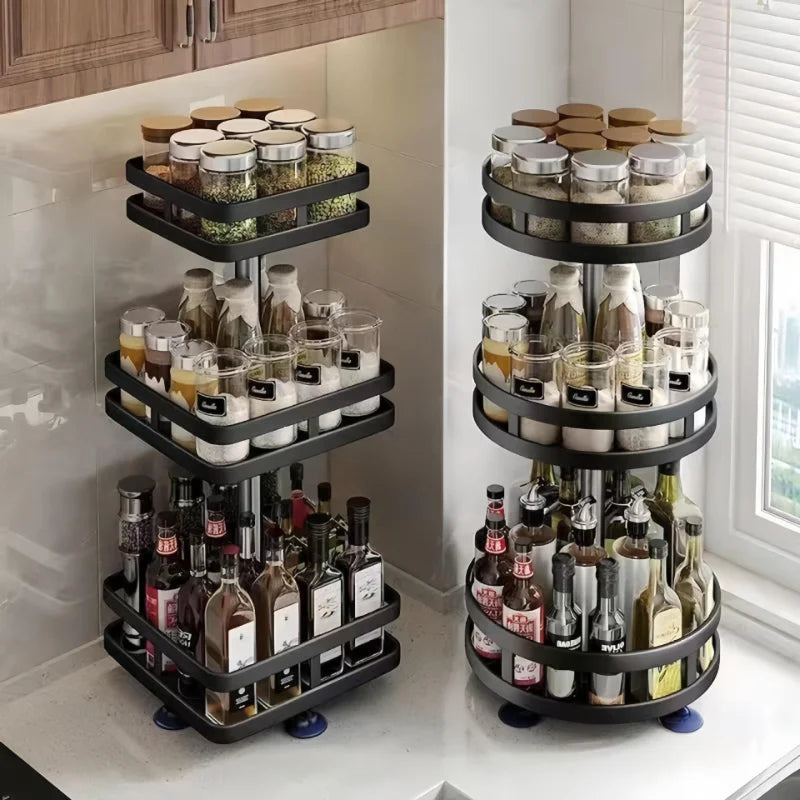 DH Spice Rack met meerdere draaibare lagen, gevuld met kruidenpotjes, flessen en specerijen in een moderne keukenhoek