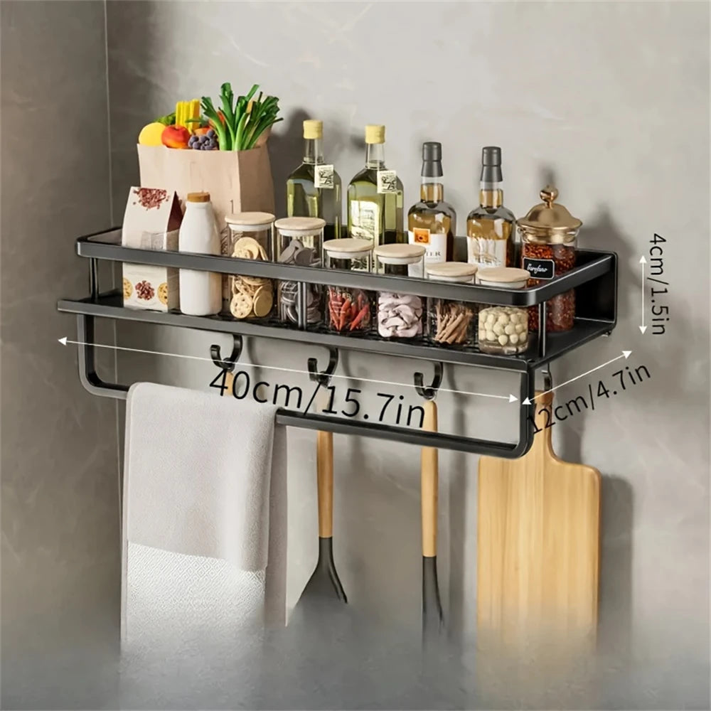 DH Multi-Functional Storage Rack 40×12×4 cm met haken en handdoekhouder. Ideaal voor olie, kruiden, keukengerei en snijplanken. Stijlvol en ruimtebesparend.