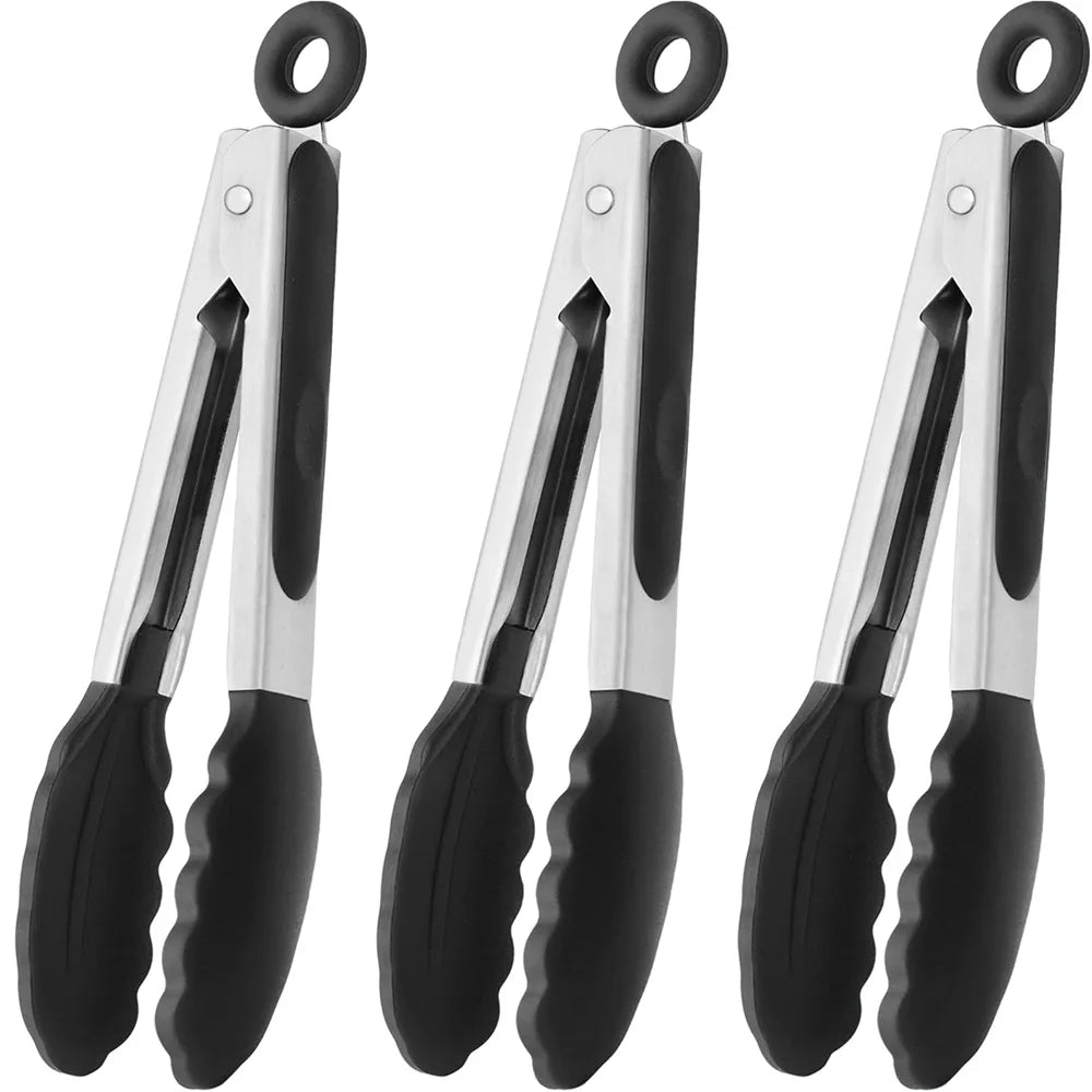 Set van 3 DH keukentangen – roestvrij staal met hittebestendige siliconen grip. Duurzaam, krasvrij en perfect voor koken, grillen en serveren.
