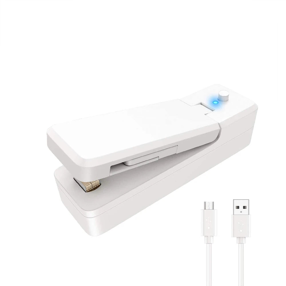 Witte DH Bag Sealer 2-in-1 met USB-kabel – draagbare zaksluiter en snijder met LED-indicator en oplaadfunctie
