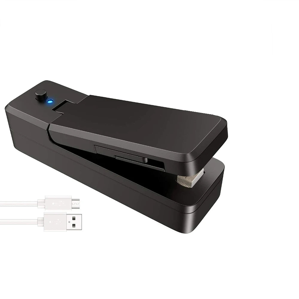 DH Bag Sealer 2-in-1 – zwarte draagbare zaksluiter met snijfunctie, LED-indicator en USB-oplaadkabel