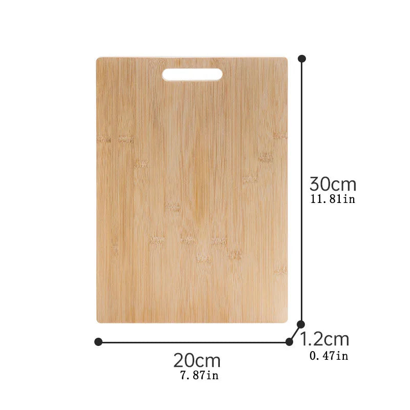 Bamboe snijplank van DHProducts met afmetingen (30 cm x 20 cm x 1,2 cm), voorzien van een handvat, weergegeven op een witte achtergrond.