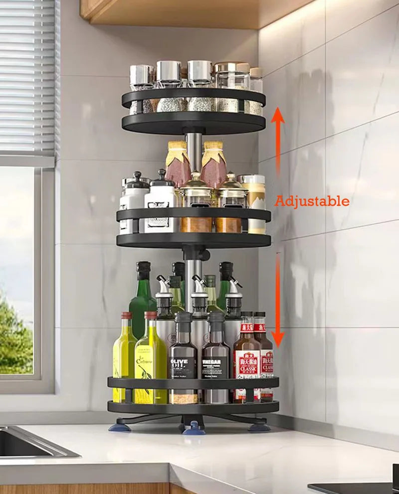 Verstelbaar DH Spice Rack met 3 draaibare plateaus, gevuld met kruiden, sauzen en oliën – ideaal voor keukenhoeken