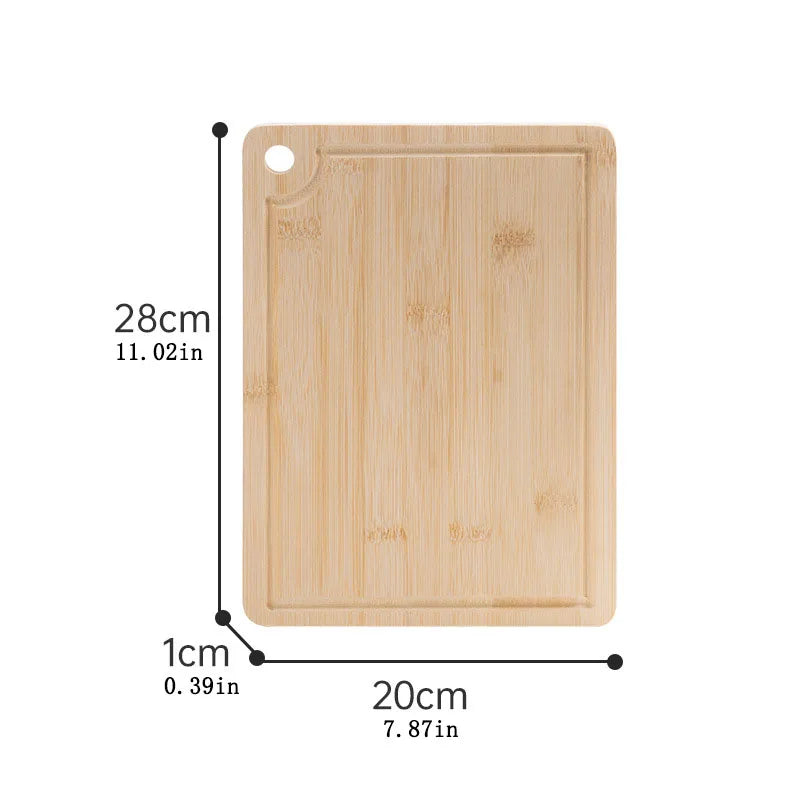 Productafbeelding van de DHProducts bamboe snijplank, inclusief duidelijke afmetingen (28 cm lang, 20 cm breed en 1 cm dik), met sapgoot en ophanggat.