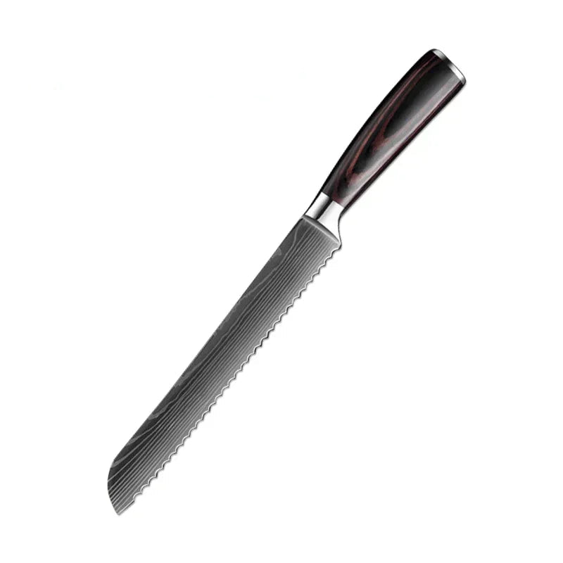 8 inch gekarteld Damascus mes voor brood, tomaten en gebak met houten handvat