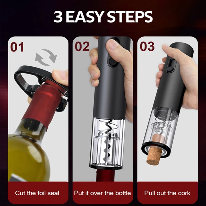 Elektrische wijnopener instructies in drie eenvoudige stappen: snijd de folie met de foliesnijder, plaats de opener over de fles, en verwijder moeiteloos de kurk.