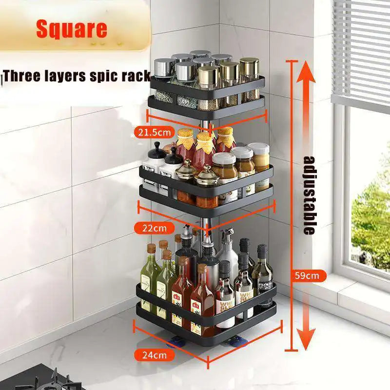 Vierkant DH Spice Rack met drie verstelbare lagen van 21.5 cm tot 24 cm breed, 59 cm hoog – gevuld met kruidenpotjes, flessen en sauzen in keukenhoek