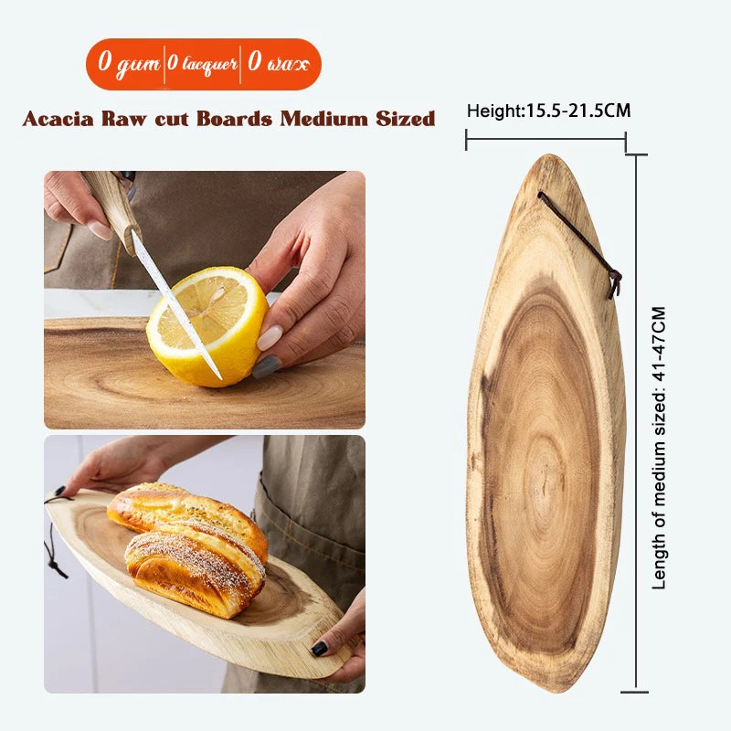 "Middelgrote ovale snijplank van acaciahout zonder lak, was of lijm, met een lengte van 41–47 cm en hoogte van 15,5–21,5 cm, geschikt voor snijden en serveren.