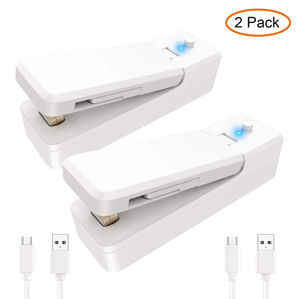 Set van 2 witte DH Bag Sealers 2-in-1 met USB-oplaadkabels – draagbare zaksluiter en snijder met LED-indicator