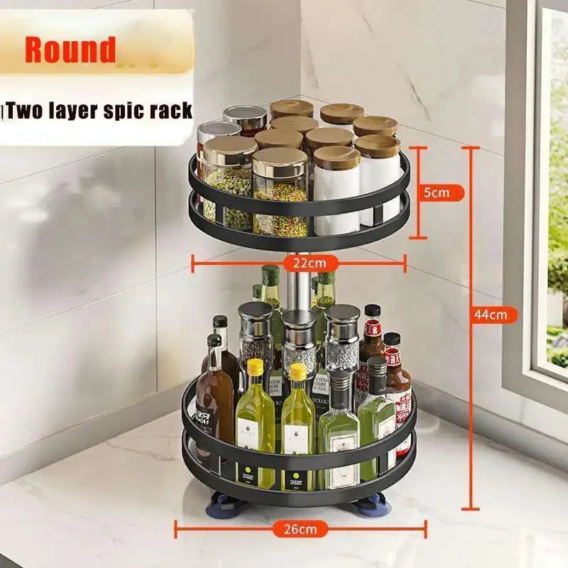 Rond DH Spice Rack met 2 lagen van 22 cm en 26 cm diameter, 44 cm hoog – gevuld met specerijen en flessen, geschikt voor keukenhoeken