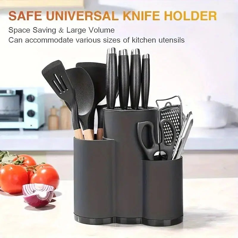 Universele messenhouder en keukenorganizer zwart, ruimtebesparend ontwerp met ruime vakken voor messen, scharen, spatels en ander keukengerei – ideaal voor een nette en veilige keuken.