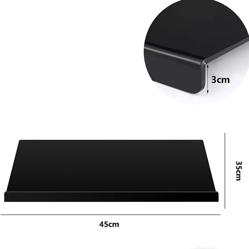 Alt tekst: Productafbeelding met afmetingen van de zwarte acrylic snijplank van DHProducts (45 cm breed, 35 cm diep, met een rand van 3 cm dikte).