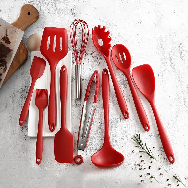 Rode silicone keukengerei set – hittebestendig, krasvrij en duurzaam. Ideaal voor dagelijks koken met anti-aanbak kookgerei.