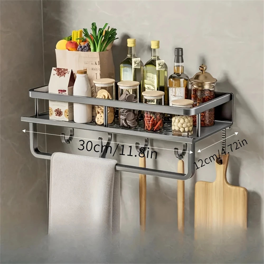 Compact DH Multi-Functional Storage Rack 30×12×4 cm met haken en handdoekhouder. Ideaal voor voorraad, keukengerei en snijplanken aan de muur.