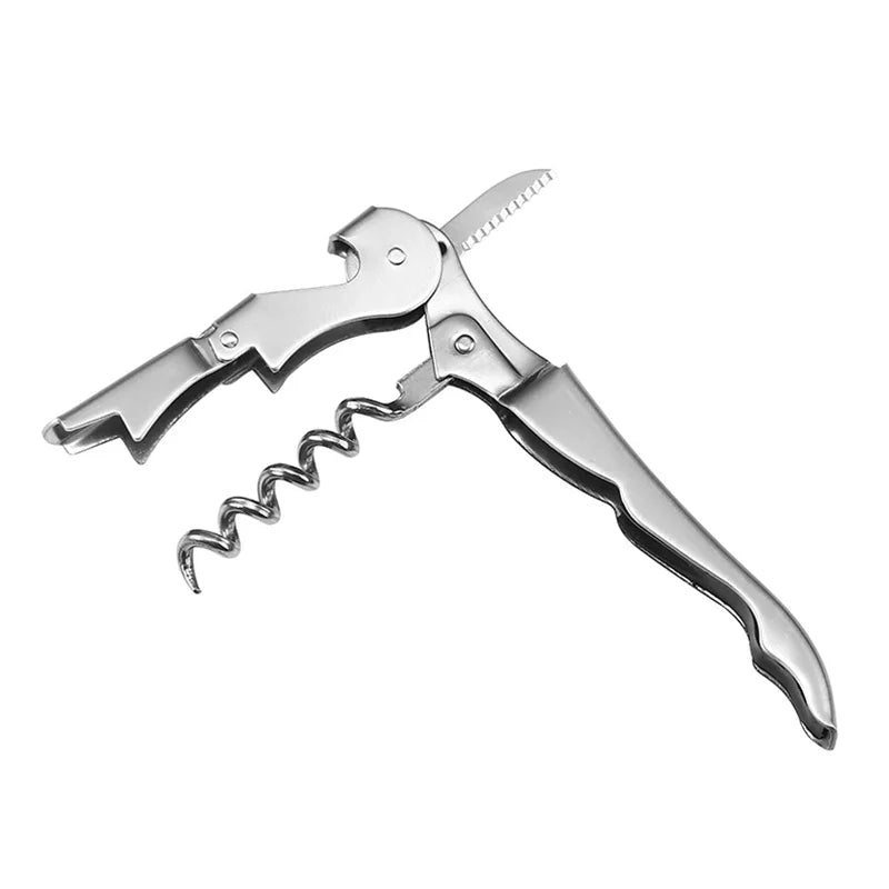 Roestvrijstalen wijnopener met dubbele hevel, kurkentrekker en foliesnijder – ergonomisch, krachtig en ideaal voor elke wijnliefhebber.