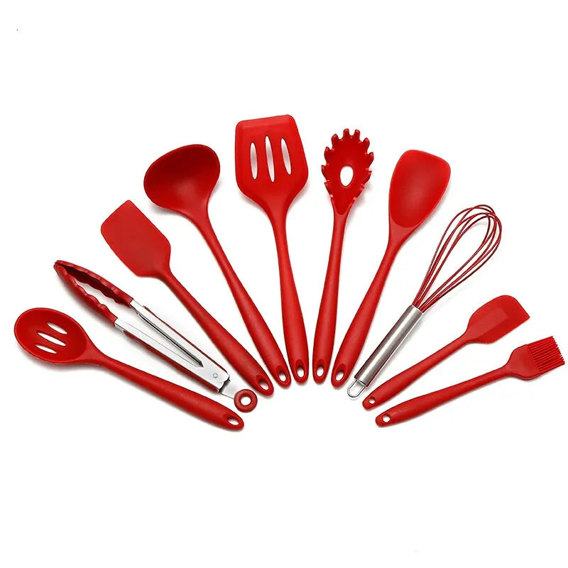 11-delige rode silicone keukenset – hittebestendig, BPA-vrij en krasvrij. Ideaal voor koken met anti-aanbak pannen zonder schade.