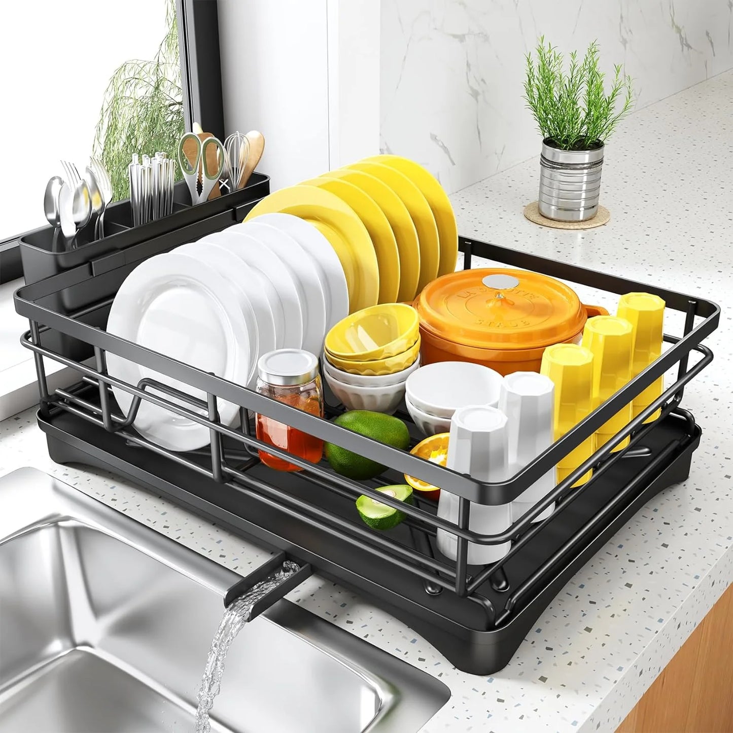 DH Drying Rack op aanrecht – uitschuifbaar en opvouwbaar afdruiprek met borden en glazen, modern keukendesign