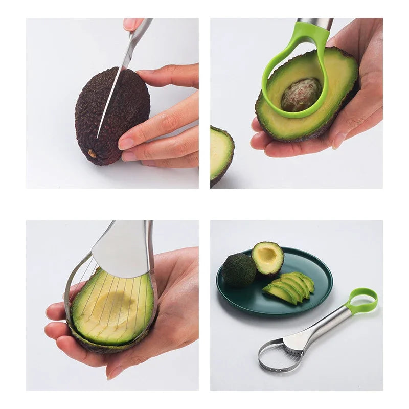 Stap-voor-stap gebruik van een avocadosnijder: snijden, pit verwijderen, plakjes maken en serveren op een bord.