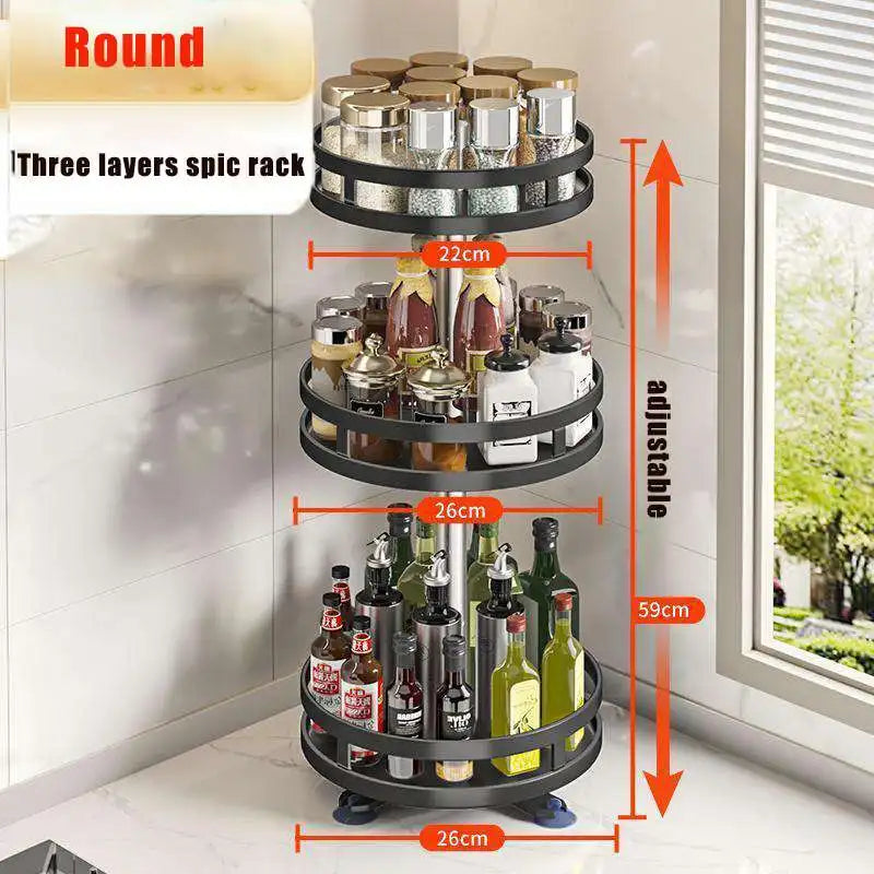 Rond DH Spice Rack met drie verstelbare draaibare plateaus van 22 cm en 26 cm diameter, totale hoogte 59 cm – gevuld met kruidenpotjes, flessen en sauzen