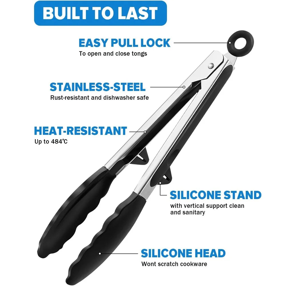 DH Food Tongs met siliconen grip, roestvrij staal, hittebestendig tot 484°C, antikras en vaatwasserbestendig. Makkelijk te vergrendelen.