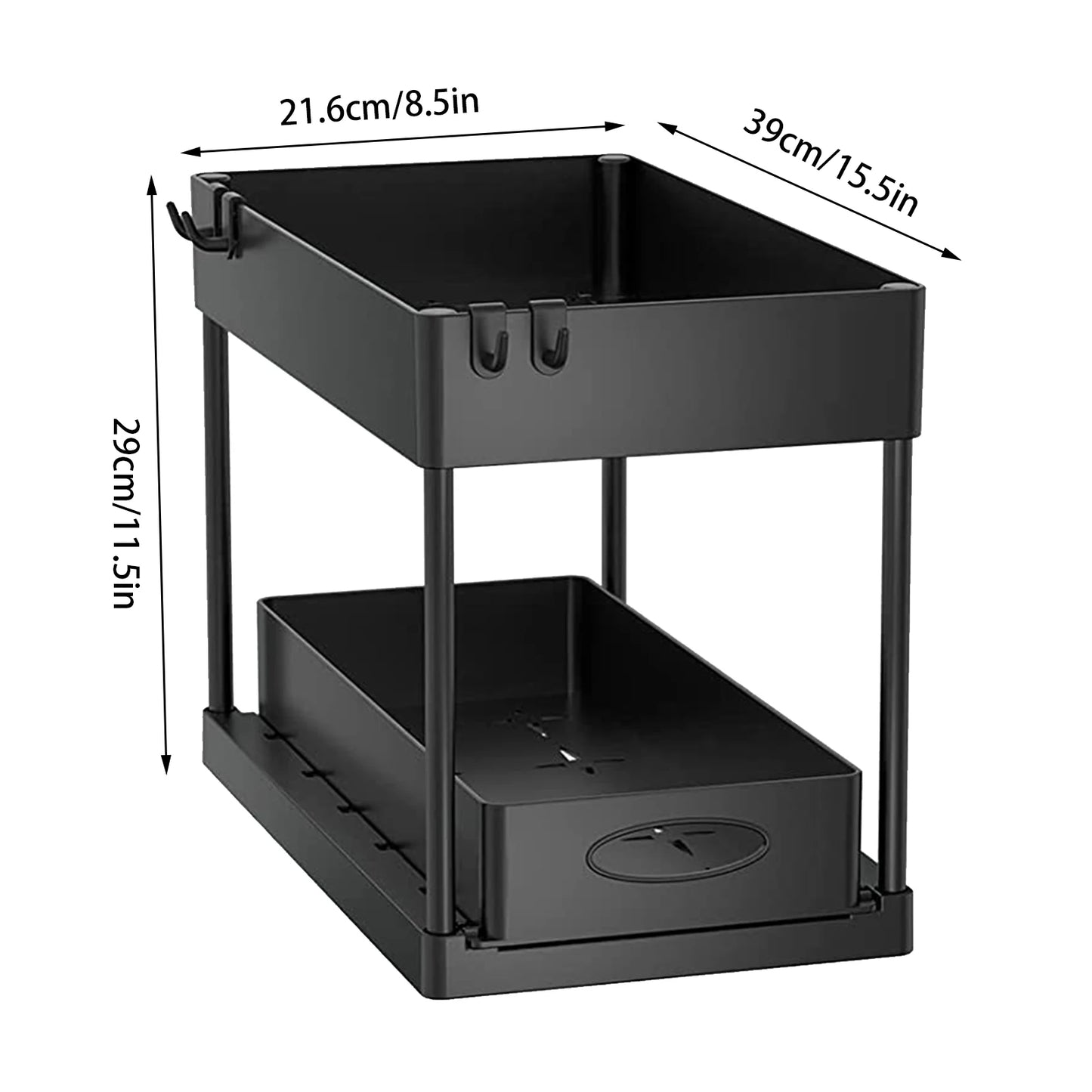 Zwart uitschuifbaar keukenrek met twee niveaus en ophanghaken, inclusief afmetingen: 39 cm lang, 21,6 cm breed en 29 cm hoog, weergegeven op een witte achtergrond.
