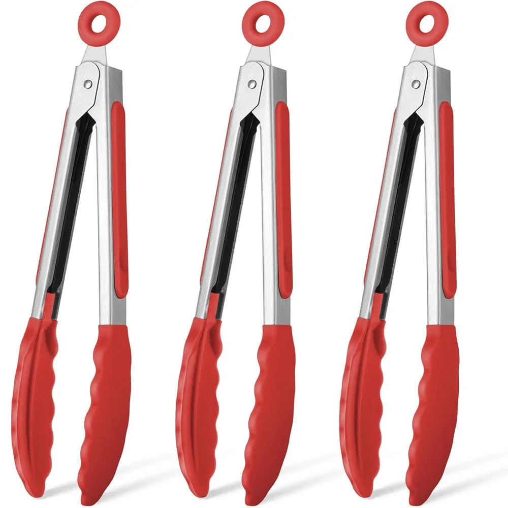 Set van 3 rode DH keukentangen – roestvrij staal met siliconen uiteinden. Hittebestendig, krasvrij en perfect voor grillen, koken en serveren.