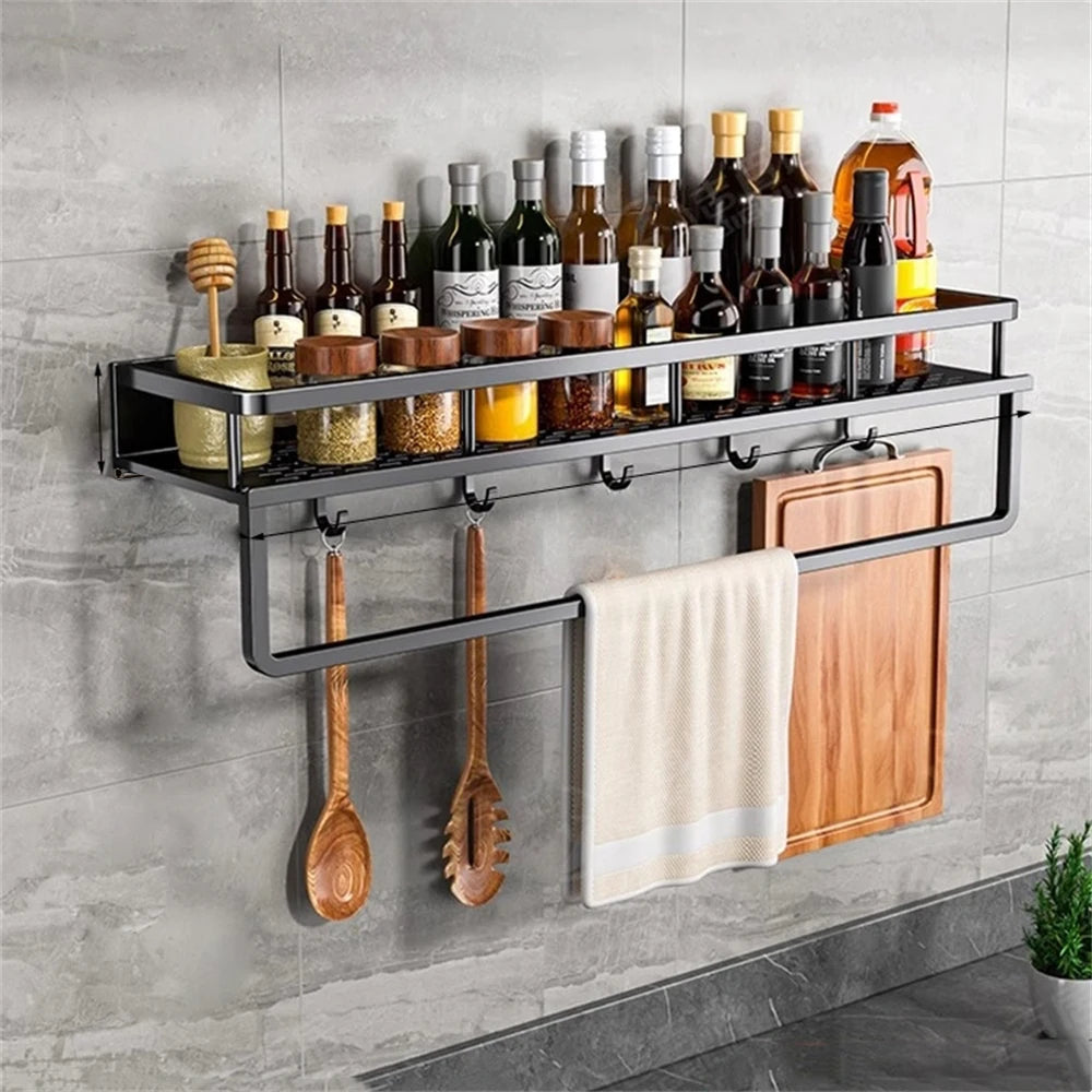 DH Multi-Functional Storage Rack met ophanghaken en handdoekhouder. Compact wandrek voor kruiden, flessen en keukengerei. Ruimtebesparend!