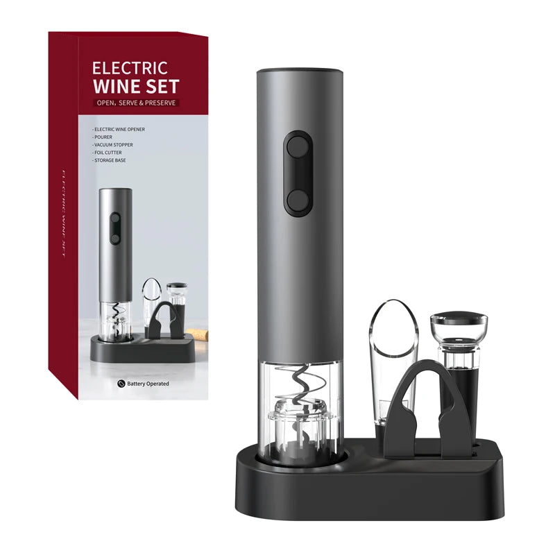 Elektrische wijnopener set inclusief vacuüm wijnstop, schenktuit, foliesnijder en handige standaard met luxe verpakking – ideaal voor thuisgebruik of als cadeau voor wijnliefhebbers.