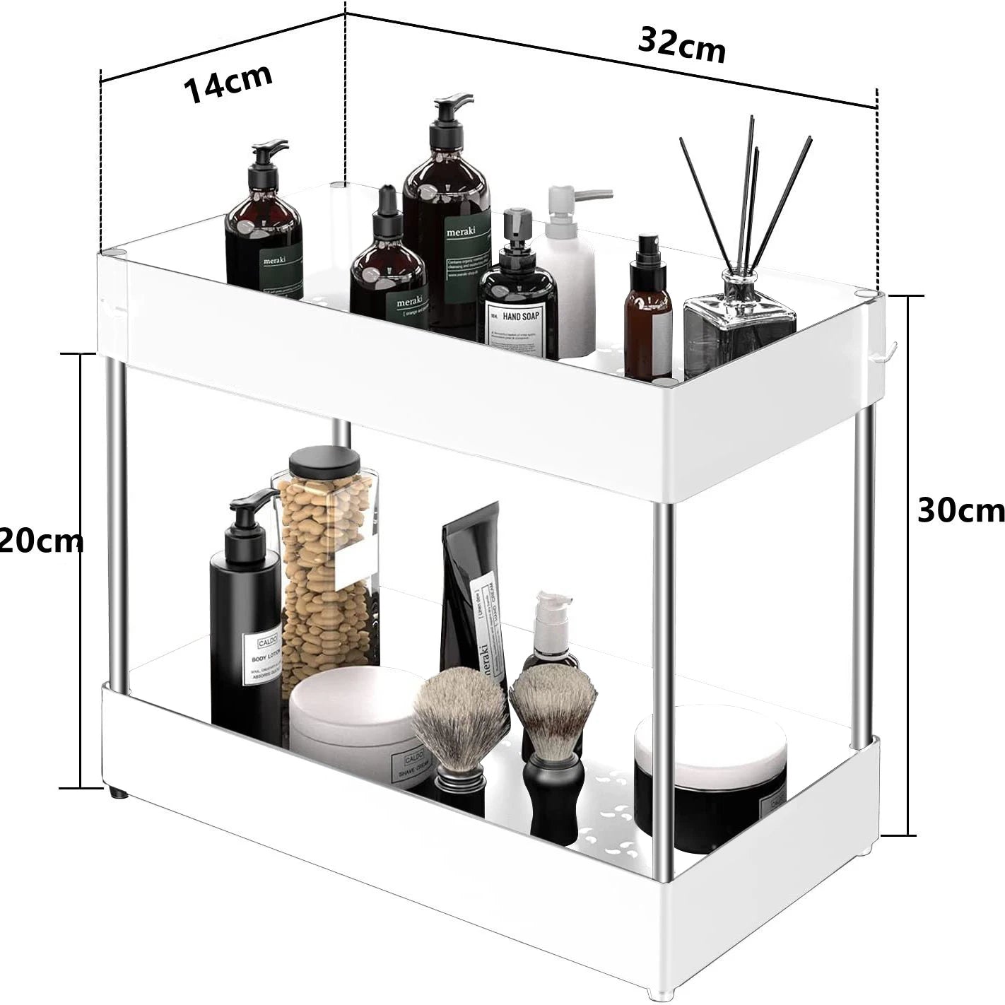 Wit tweelaags badkamerrek met metalen frame en afmetingen (32 cm lengte, 14 cm breedte, 30 cm hoogte), gevuld met diverse verzorgingsproducten zoals zeepdispensers, scheerkwasten en cosmetica, afgebeeld op een witte achtergrond. Ideaal voor overzichtelijke opberging in de badkamer.