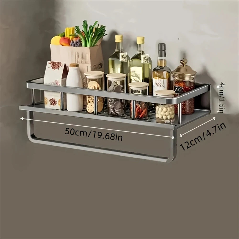 DH Multi-Functional Storage Rack 50×12×4 cm met handdoekhouder. Biedt ruimte voor flessen, potten en voedselvoorraad. Ruimtebesparend en stijlvol.