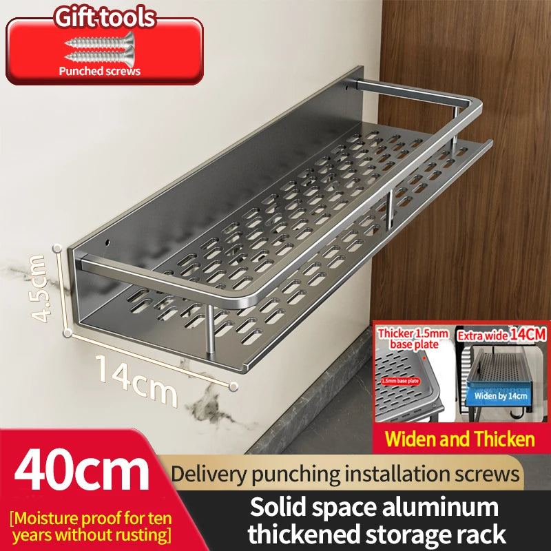 "Zilverkleurig aluminium wandrek 40 cm breed, 14 cm diep en 4,5 cm hoog, met geperforeerde plank, roestvrij en vochtbestendig ontwerp, inclusief schroeven voor wandmontage.