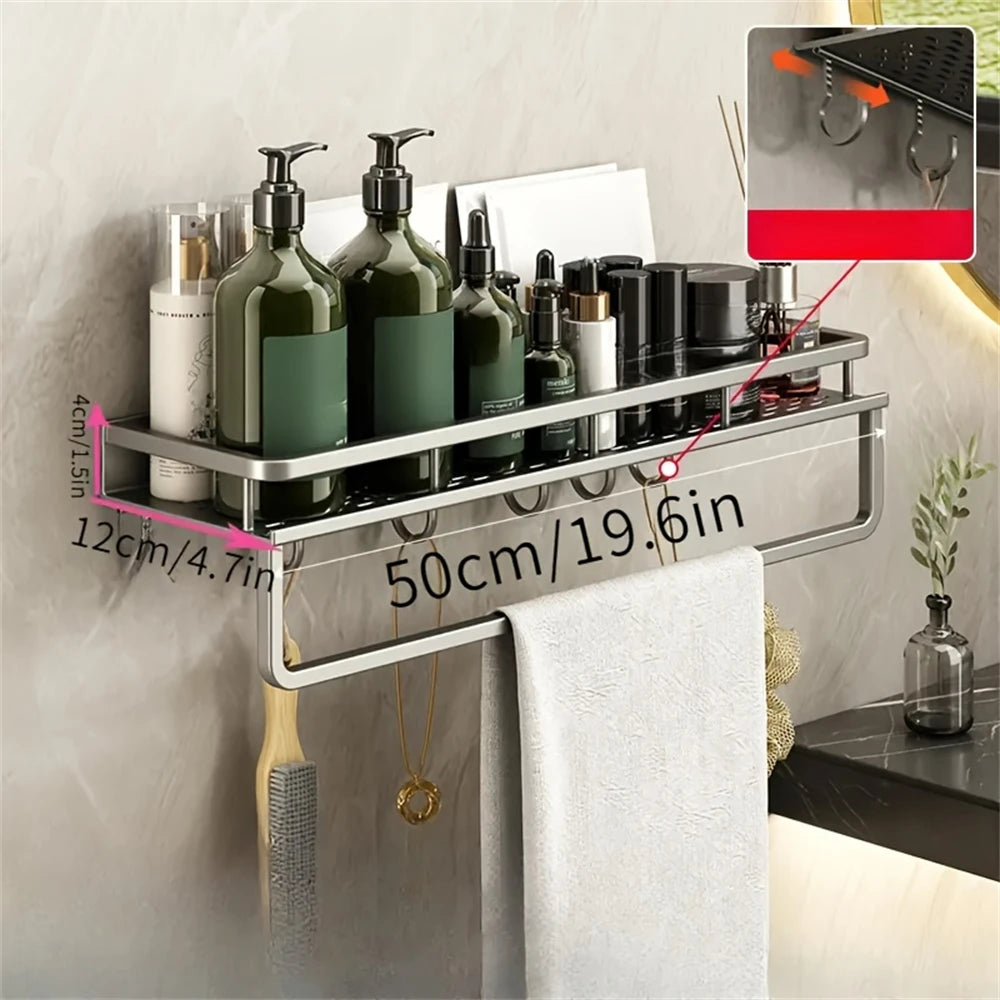 DH Multi-Functional Storage Rack 50×12×4 cm, ideaal voor badkamerproducten. Met haken en handdoekhouder voor een georganiseerde, luxe uitstraling.