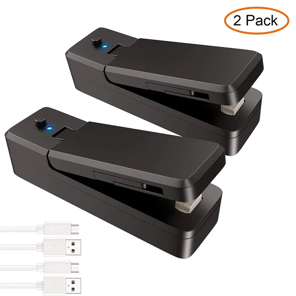 DH Bag Sealer 2-in-1 set van 2 – zwarte draagbare zaksluiters met USB-kabels en snijfunctie, geschikt voor plastic verpakkingen