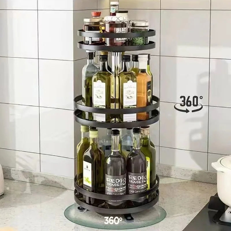 "360 graden draaibaar DH Spice Rack met flessen olie, azijn en kruidenpotjes op aanrecht in moderne keuken