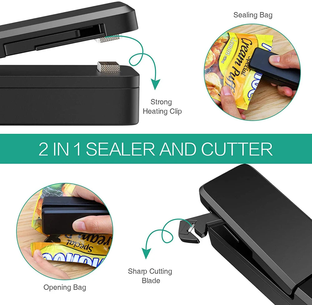 Uitleg van DH Bag Sealer 2-in-1 met verwarmde sluitclip en geïntegreerd snijmes – ideaal voor het openen en sluiten van verpakkingen