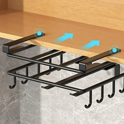 DH Organizer Rack met schuifmontage onder kastplank. Voorzien van 8 haken voor mokken, lepels of tools. Eenvoudige installatie zonder boren.