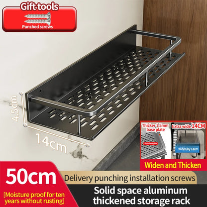 "Zwart aluminium wandrek 50 cm breed, 14 cm diep, vochtbestendig en roestvrij, met geperforeerde plank en montageschroeven voor keuken of badkamer.