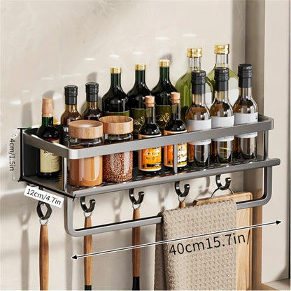 DH Multi-Functional Storage Rack 40×12×4 cm met haken en handdoekstang. Perfect voor flessen, kruidenpotten en keukengerei. Stijlvol & functioneel.